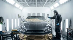 Technician using specialized tools to remove a small dent from a car door in a well-lit garage.