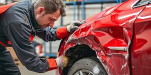 A damaged car panel with chipped paint and exposed metal being cleaned and covered to prevent rust.
