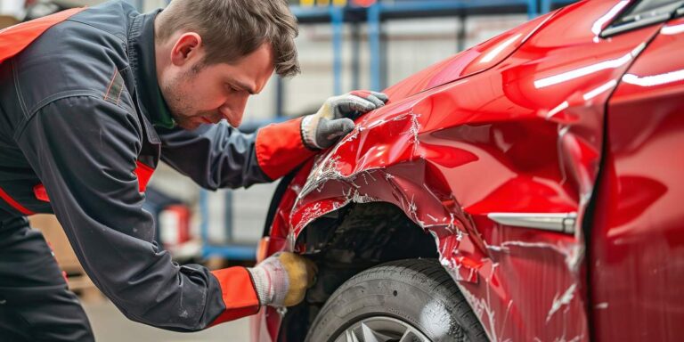 A damaged car panel with chipped paint and exposed metal being cleaned and covered to prevent rust.